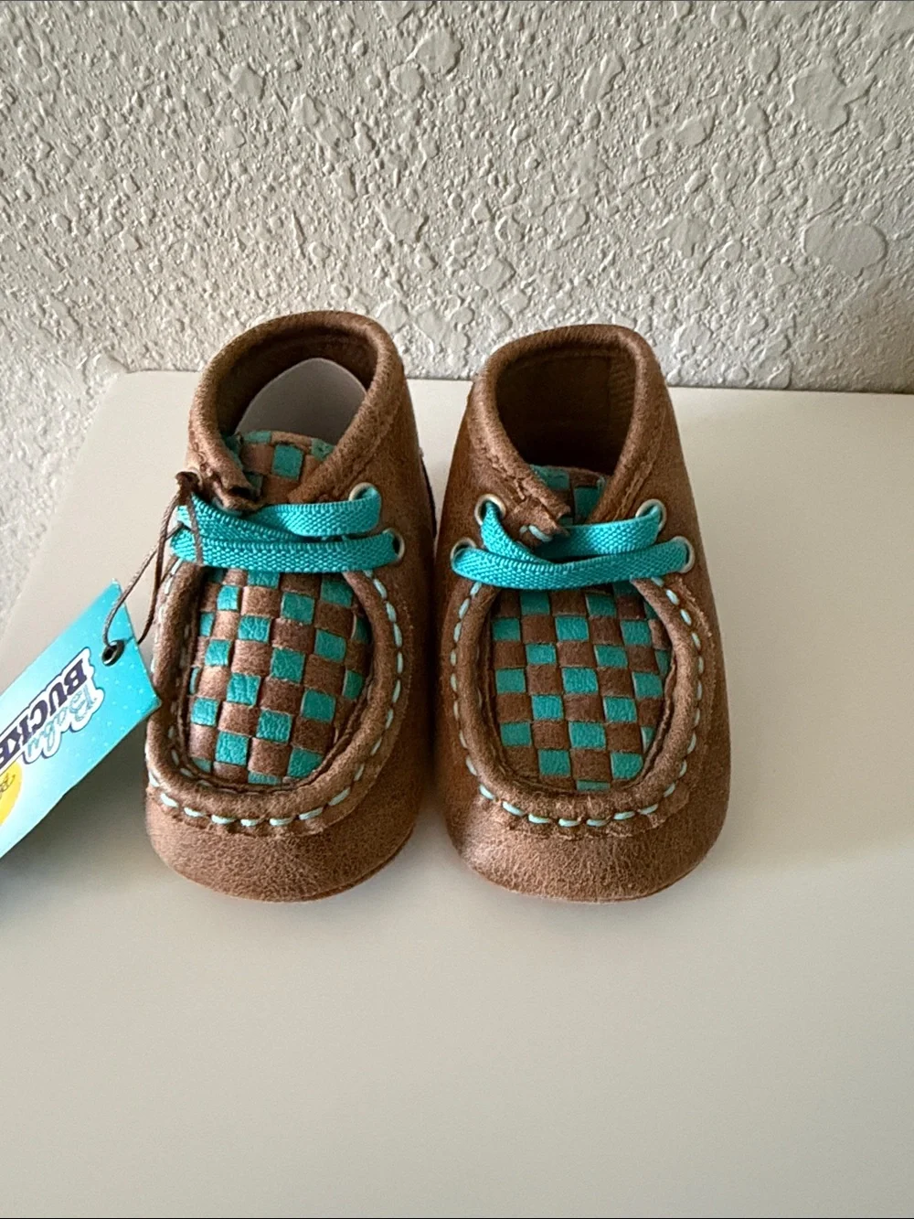 Unisex Kids Brown Moccasins with Teal Woven Accent -